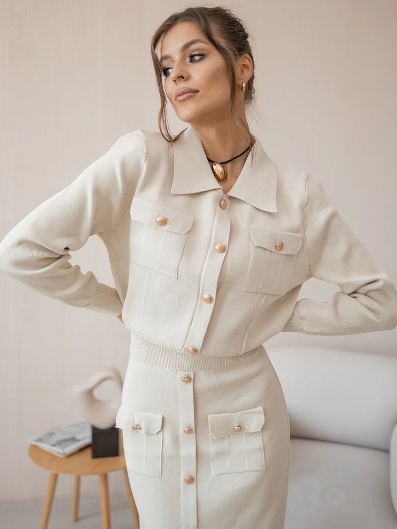 Elegant knit blazer and skirt two-piece set in autumn/winter shades – Vohran
