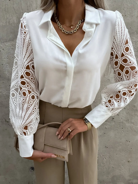 Elegant solid chiffon blouse with V-neck and long sleeves – Vohran