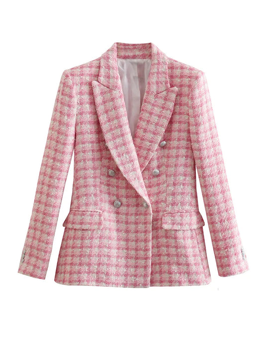 Women’s tweed double-breasted blazer with peak lapels and classic buttons by Vohran