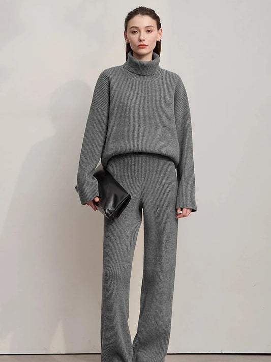 Grey ribbed knit co-ord set with turtleneck sweater and wide-leg pants