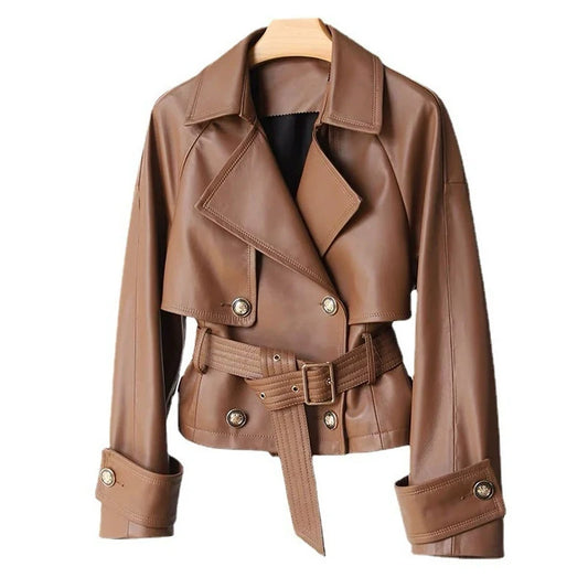 Cropped genuine leather double-breasted jacket with belt and refined detailing