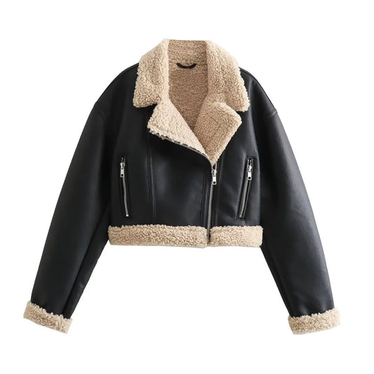 Cropped leather-effect jacket with shearling lining and exposed zippers