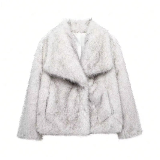 Elegant faux fur loose-fit coat with wide lapel and long sleeves