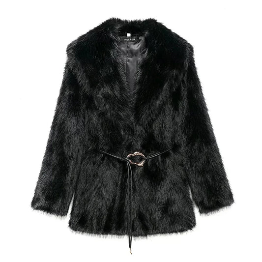 Medium-length faux fur coat with belt detail and lapel collar