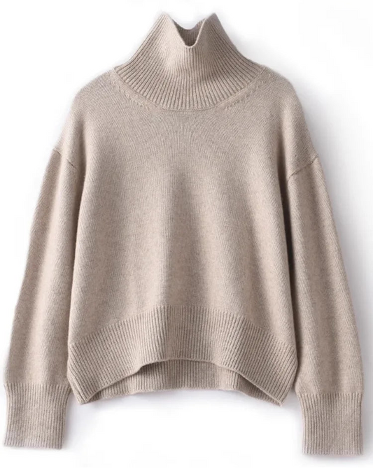 Pure cashmere turtleneck sweater with relaxed fit and ribbed details