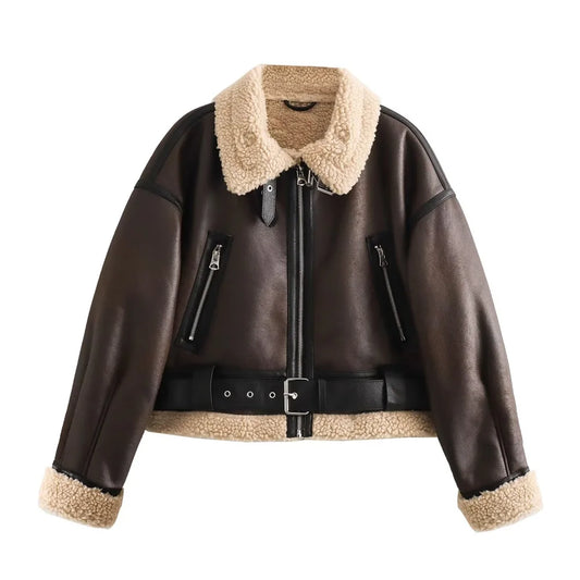 Short leather-effect winter jacket with shearling lining, zipper closure and belt detail