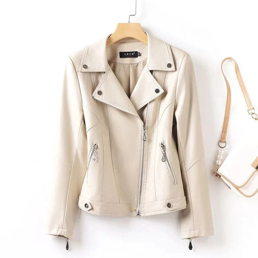 Slim-fit genuine leather biker jacket with rivet accents and asymmetrical zipper