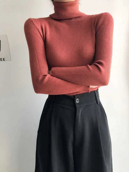 Slim ribbed turtleneck knit sweater with long sleeves and fitted silhouette