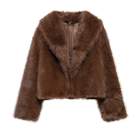 Soft faux fur short coat with wide lapel and long sleeves