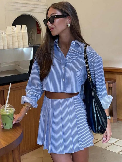Elegant blue striped cropped top and pleated skirt two-piece set – Vohran women’s fashion